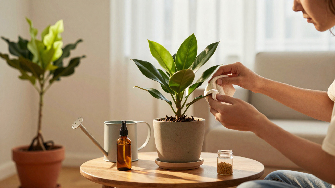 Pessoa a cuidar de planta em vaso com pano, regador e frasco numa mesa numa sala iluminada.