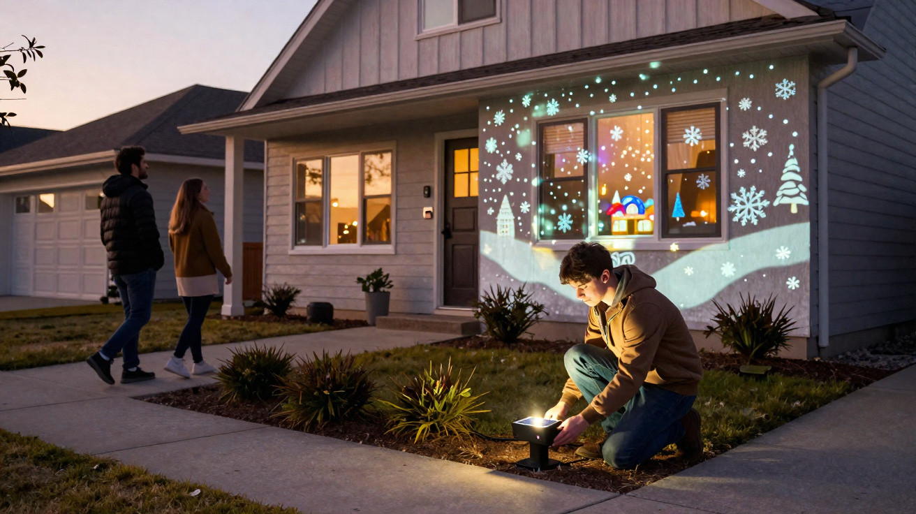 Jovem ajusta projetor de luz com motivo natalício numa casa com decoração de inverno à noite.