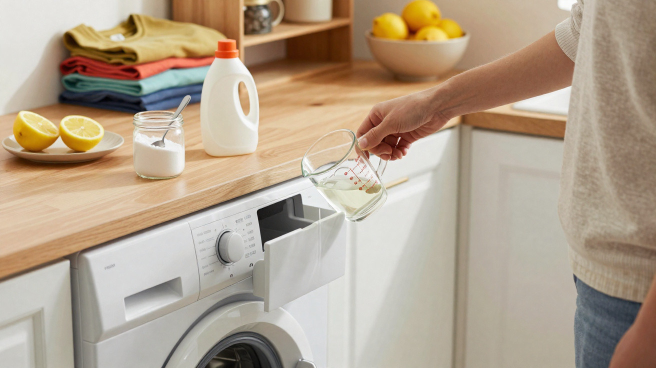 Pessoa a verter líquido numa máquina de lavar roupa numa cozinha com roupa dobrada e limões na bancada.