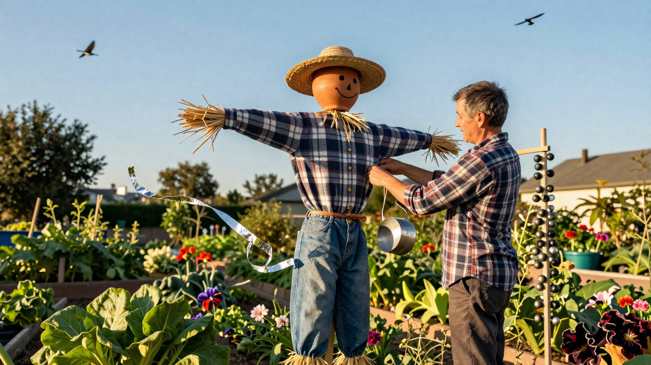Homem a instalar uma fita métrica num espantalho num jardim florido ao entardecer.
