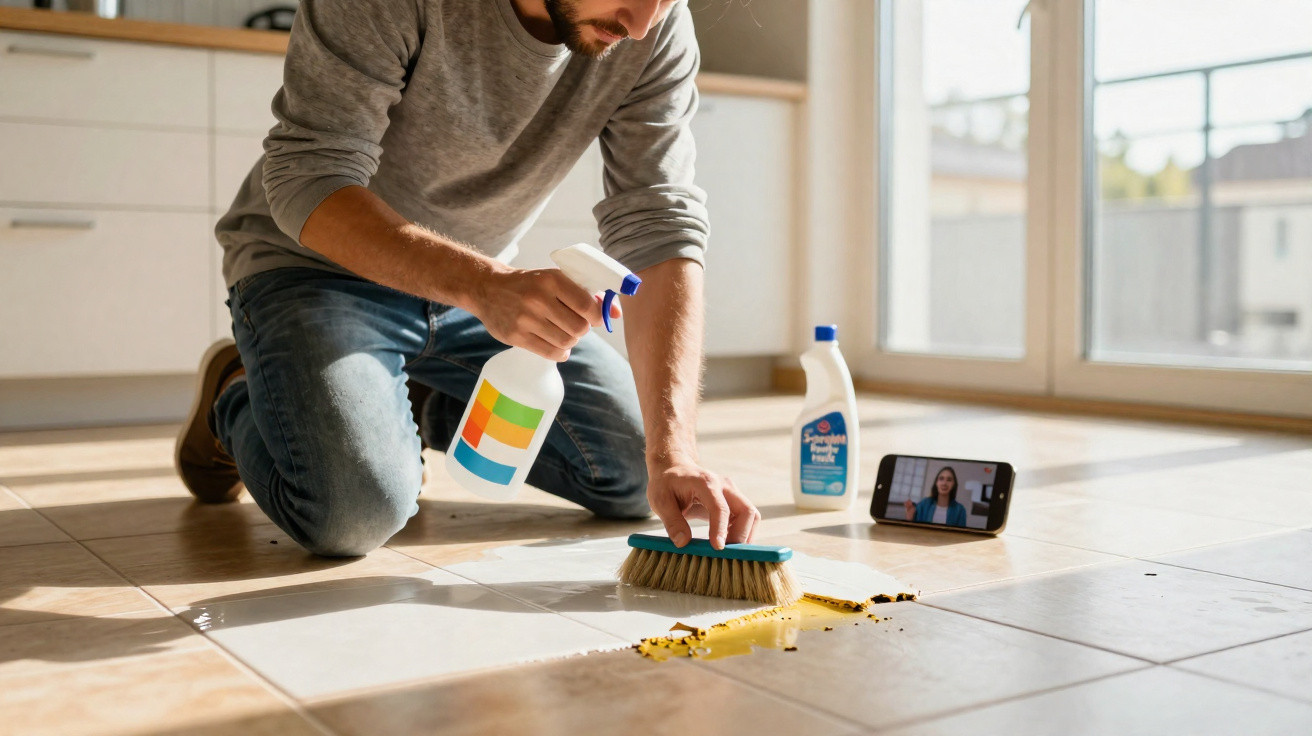 Homem a limpar chão de casa com escova e spray, seguindo instruções num telefone.