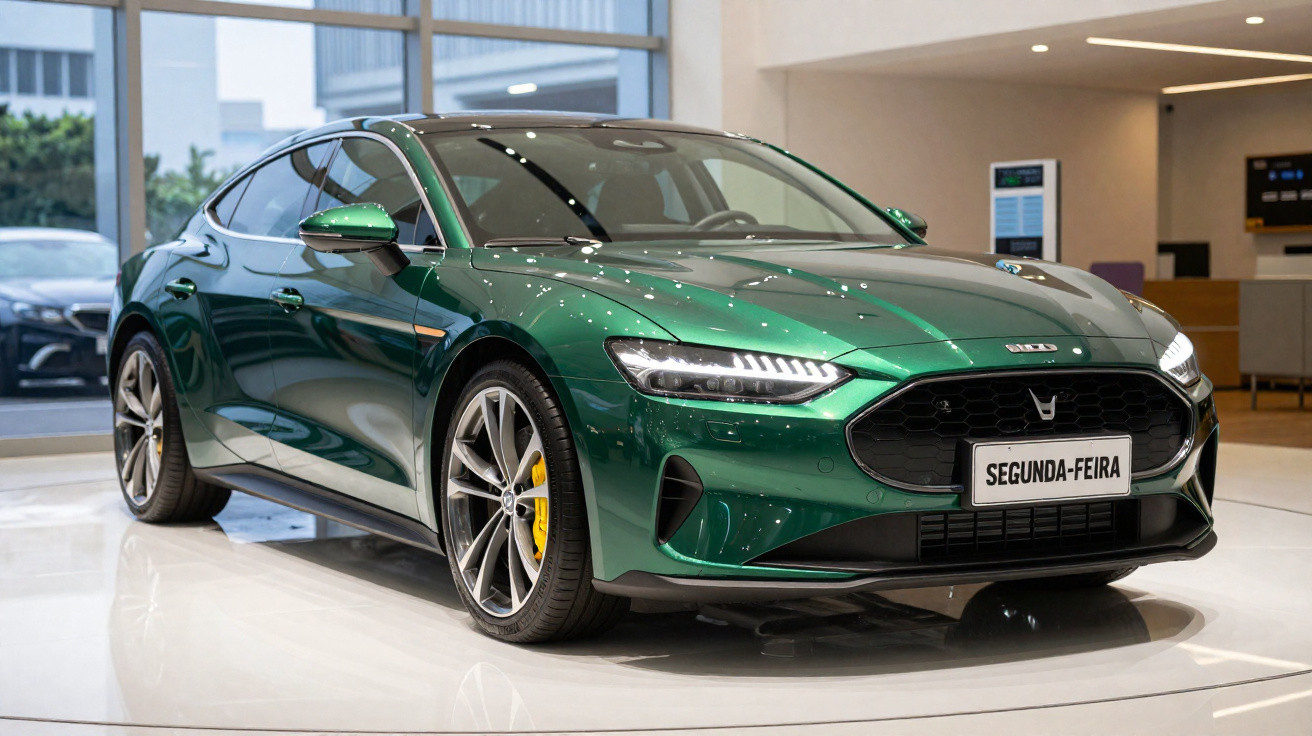 Carro desportivo verde metálico com linhas aerodinâmicas em exposição numa sala moderna.