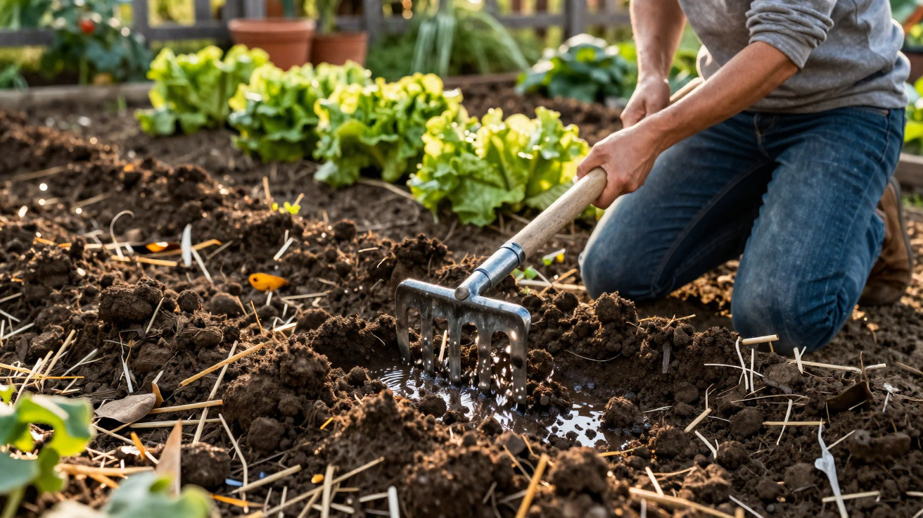 Pessoa a usar ancinho para preparar terra num canteiro de jardim com alfaces ao fundo.