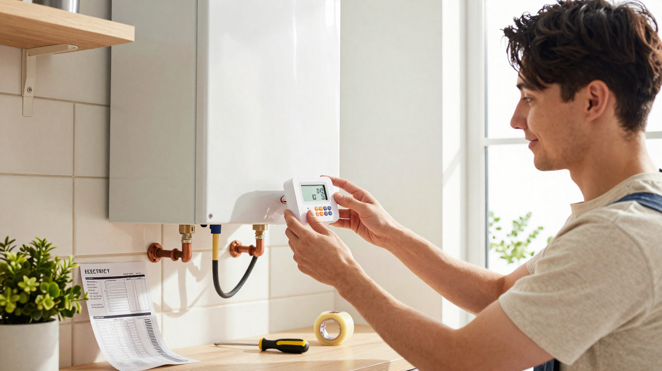 Jovem a programar termóstato de aquecimento num ambiente doméstico luminoso e organizado.