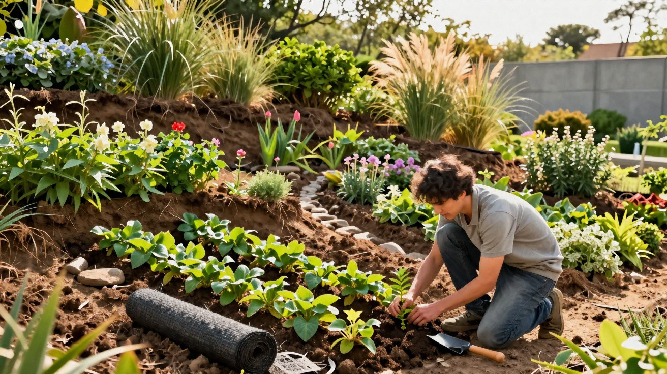 Jovem a plantar flores num jardim com várias plantas e flores coloridas ao amanhecer.
