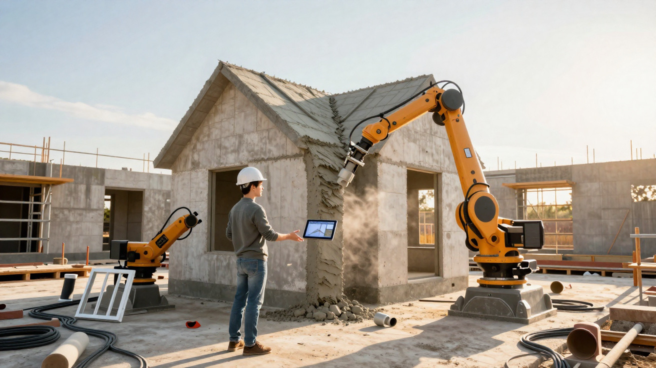 Homem com capacete controla robô que aplica material de construção numa casa em obra.
