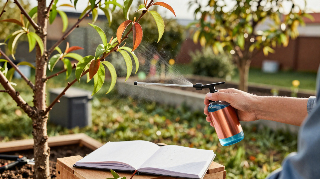 Pessoa a regar uma planta com garrafa de spray junto a um caderno aberto num jardim soalheiro.