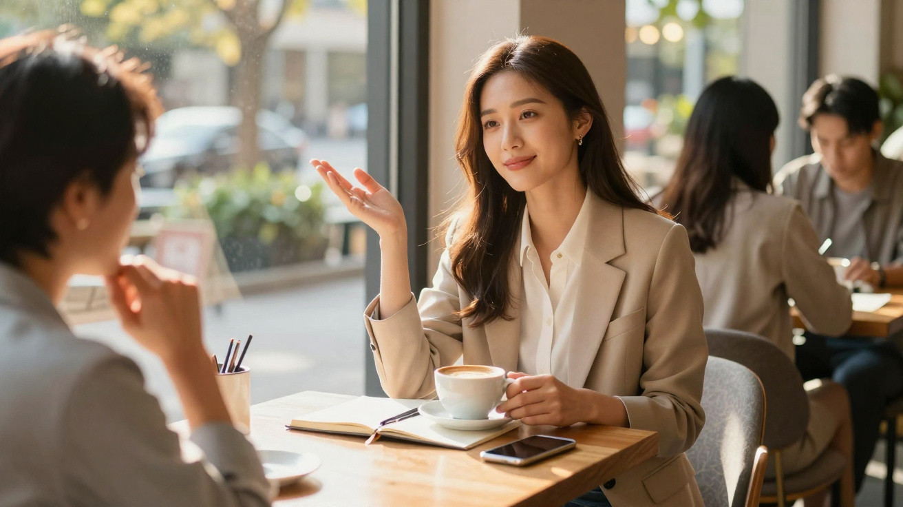 Mulher sorridente a conversar e gesticular enquanto segura chávena de café num café moderno durante o dia.