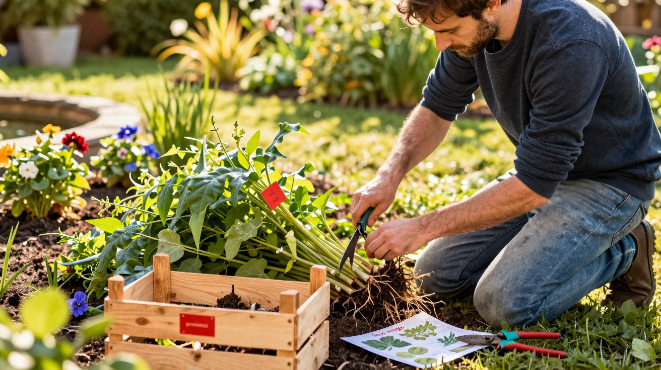 Homem a cuidar de plantas num jardim, com tesoura de poda e manual de jardinagem ao lado.
