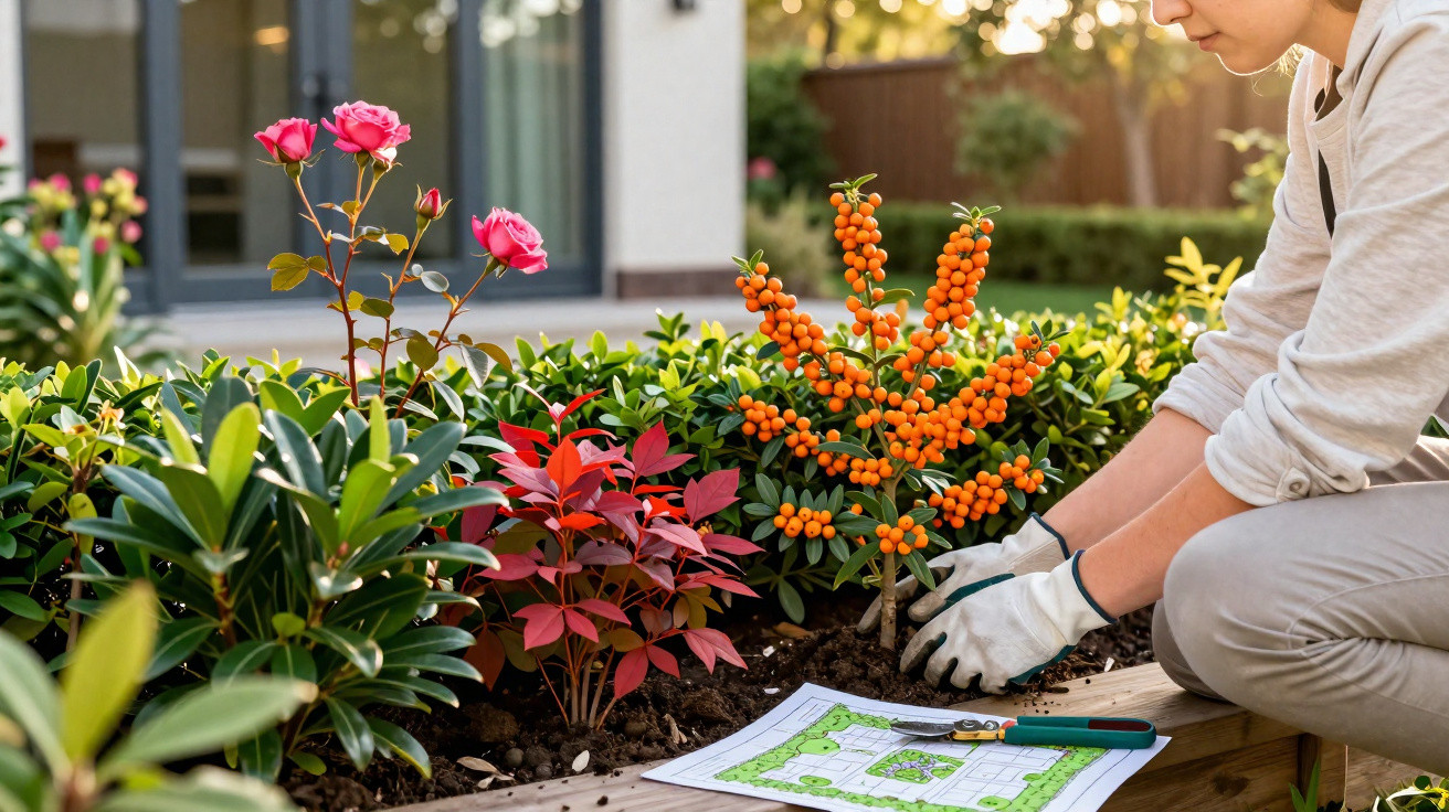 Pessoa a plantar arbusto com bagas laranja num jardim urbano ao lado de uma planta com flores cor-de-rosa.