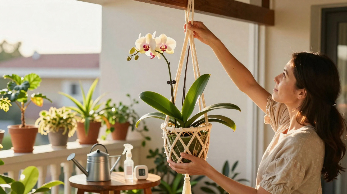Mulher a pendurar orquídea branca num vaso tecido, rodeada de plantas num alpendre iluminado pelo sol.