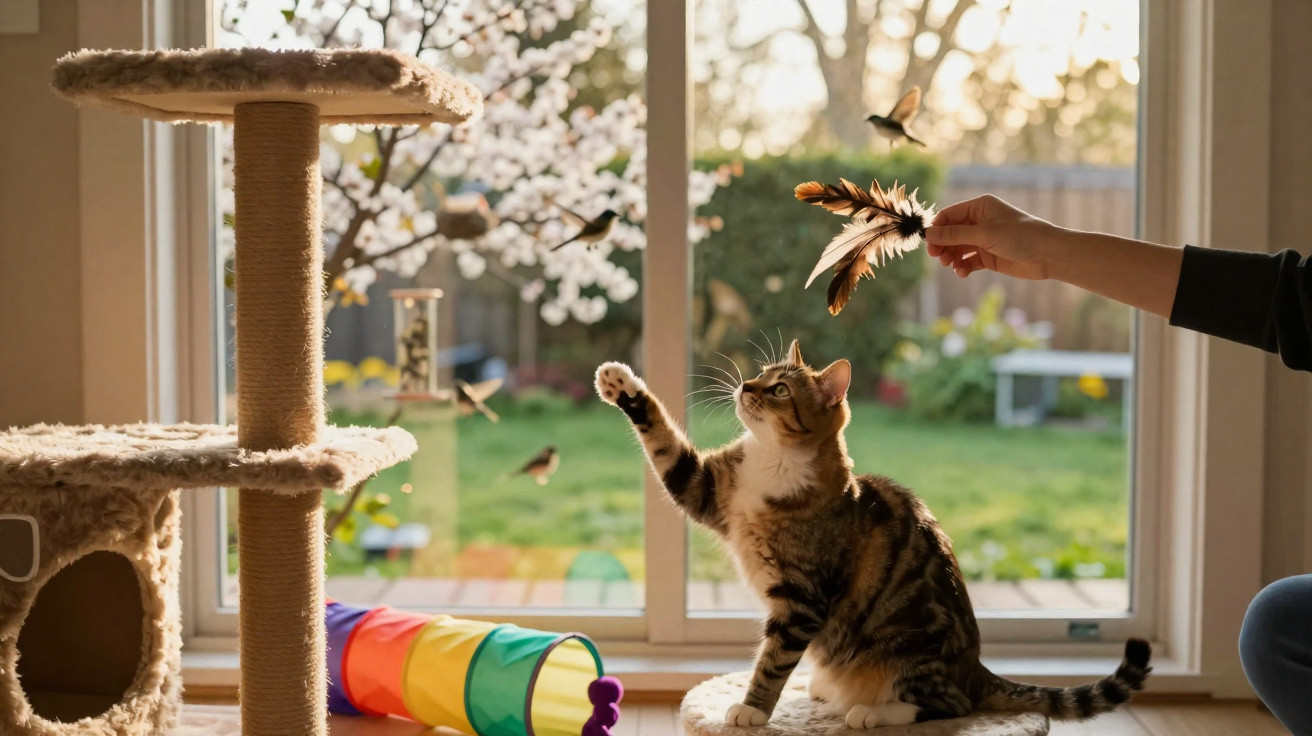 Gato tigrado sentado num arranhador a brincar com penas perto de janela com vista para jardim.