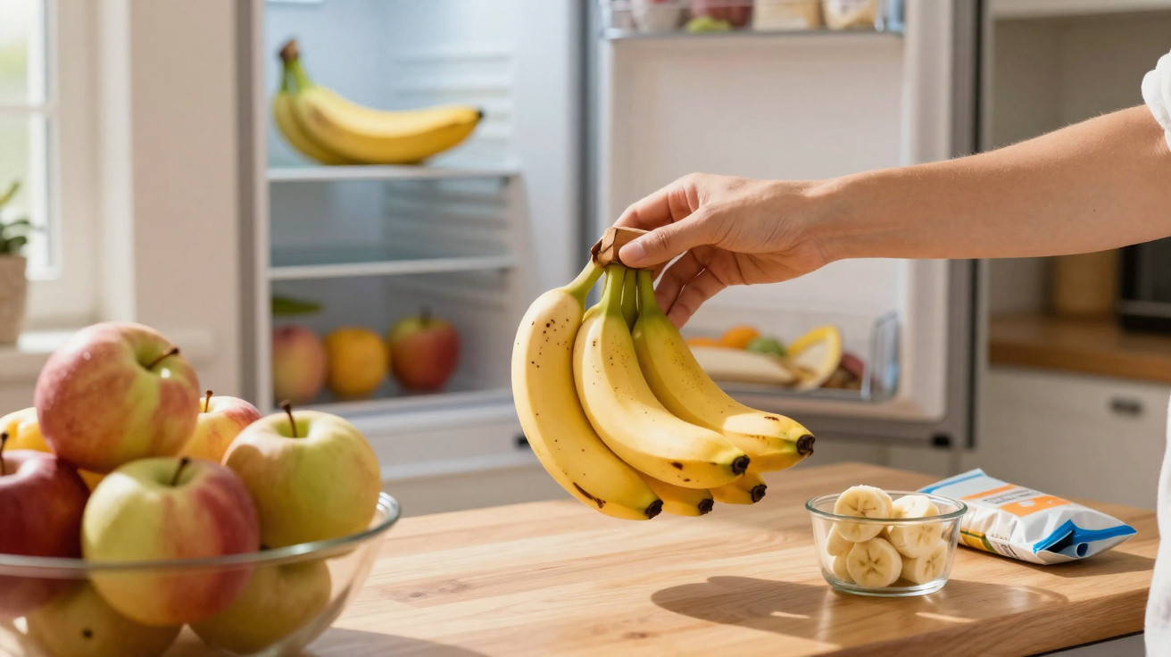 Mão a segurar cacho de bananas junto a tigela com rodelas de banana e fruteira com maçãs numa cozinha.