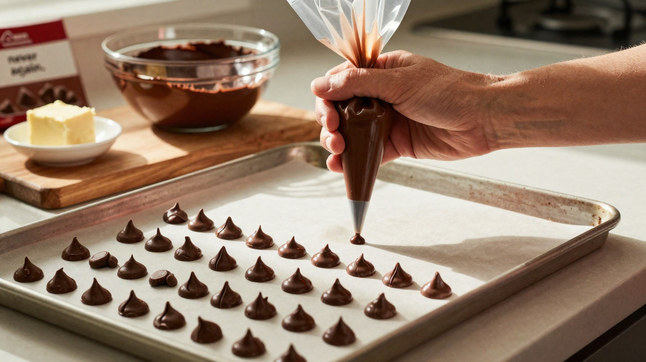 Mão a fazer gotas de chocolate num tabuleiro forrado com papel vegetal, com ingredientes ao fundo.