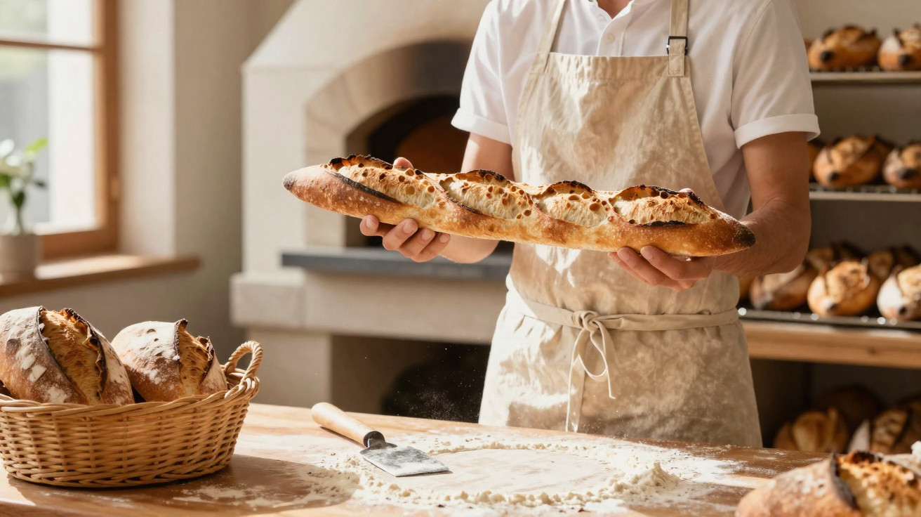 Pessoa com avental a segurar baguete dourada numa padaria tradicional com cestos de pão e forno ao fundo.