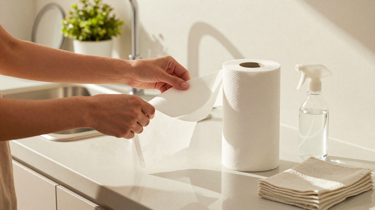 Mãos a desdobrar guardanapo de papel ao lado de rolo de papel e frasco pulverizador numa bancada branca.