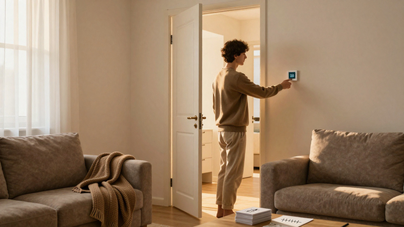 Homem ajusta termostato digital numa sala de estar com sofás castanhos e luz natural suave.