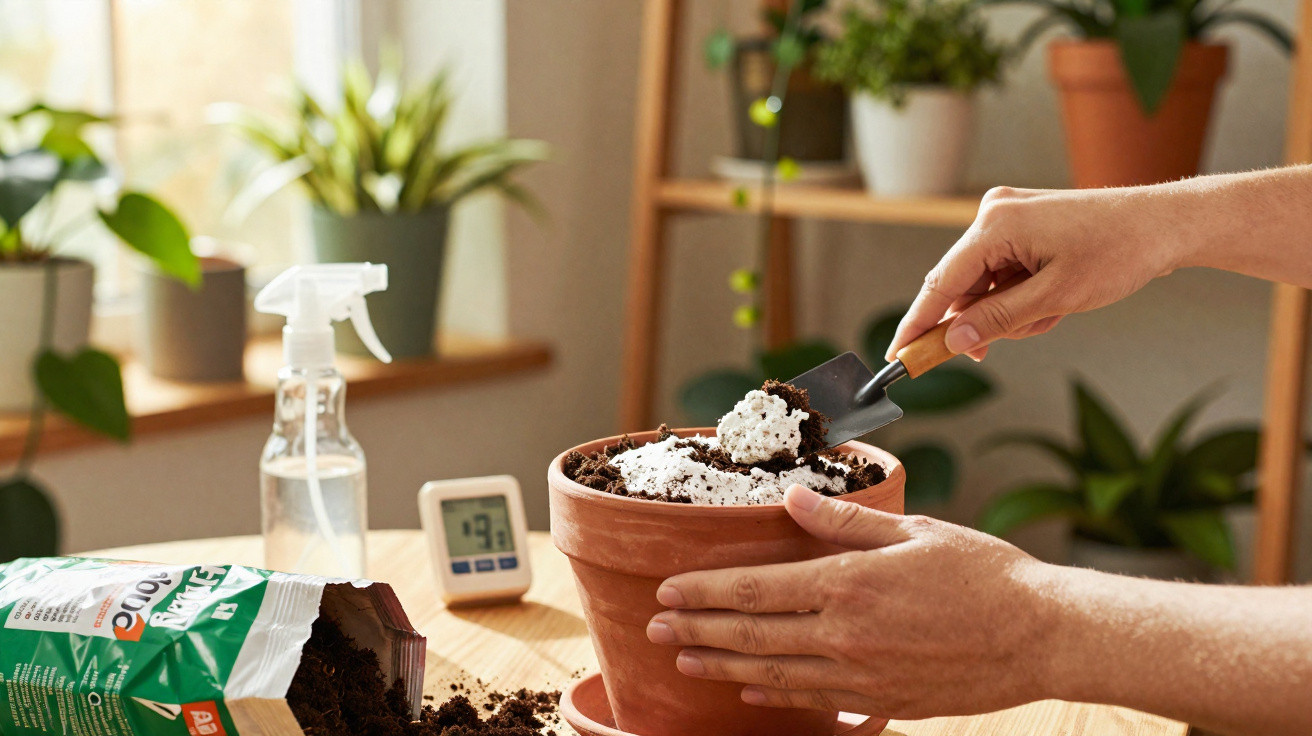 Pessoa a encher vaso de barro com terra para plantar, em ambiente com várias plantas e regador spray.
