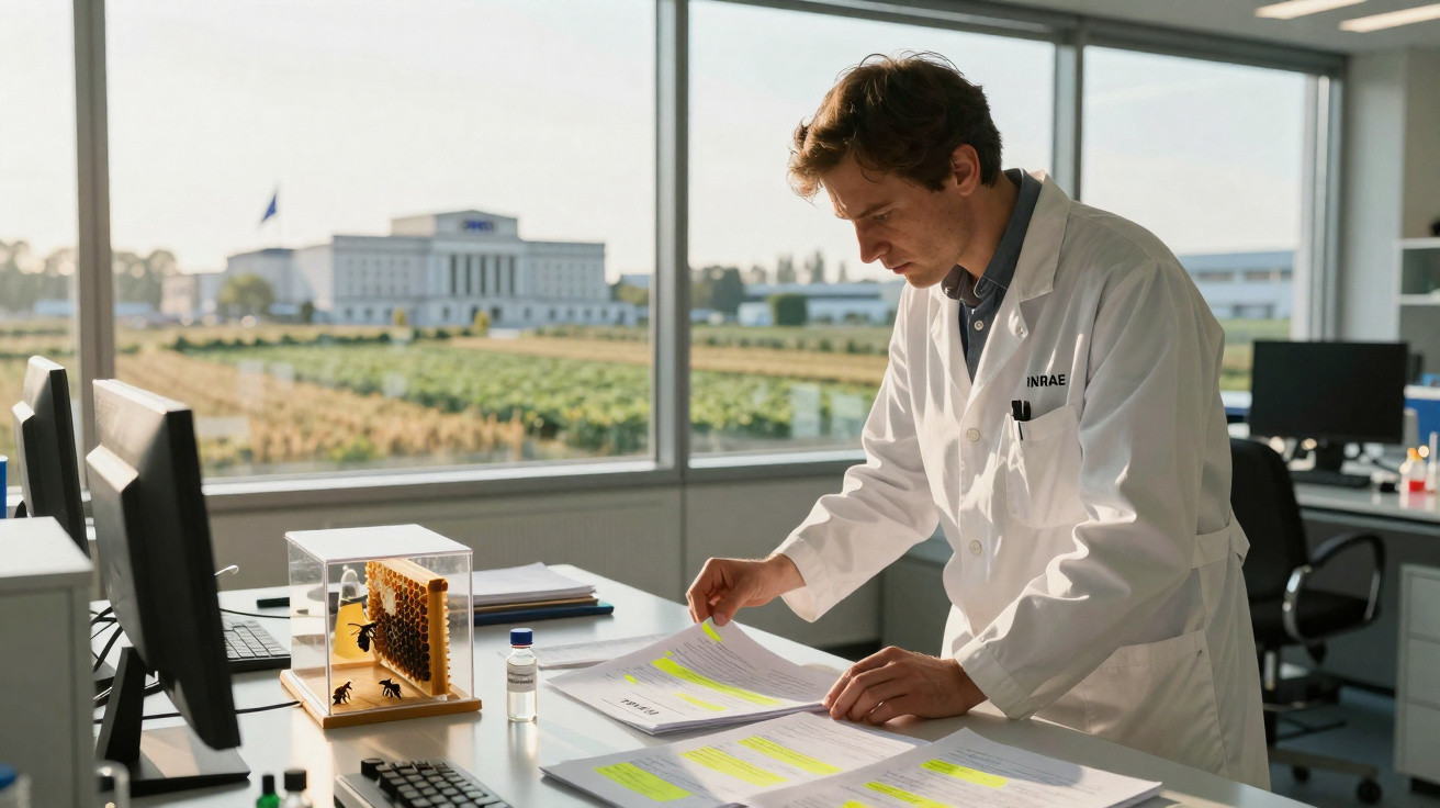 Homem de bata branca a analisar documentos num laboratório com vista para campos agrícolas.