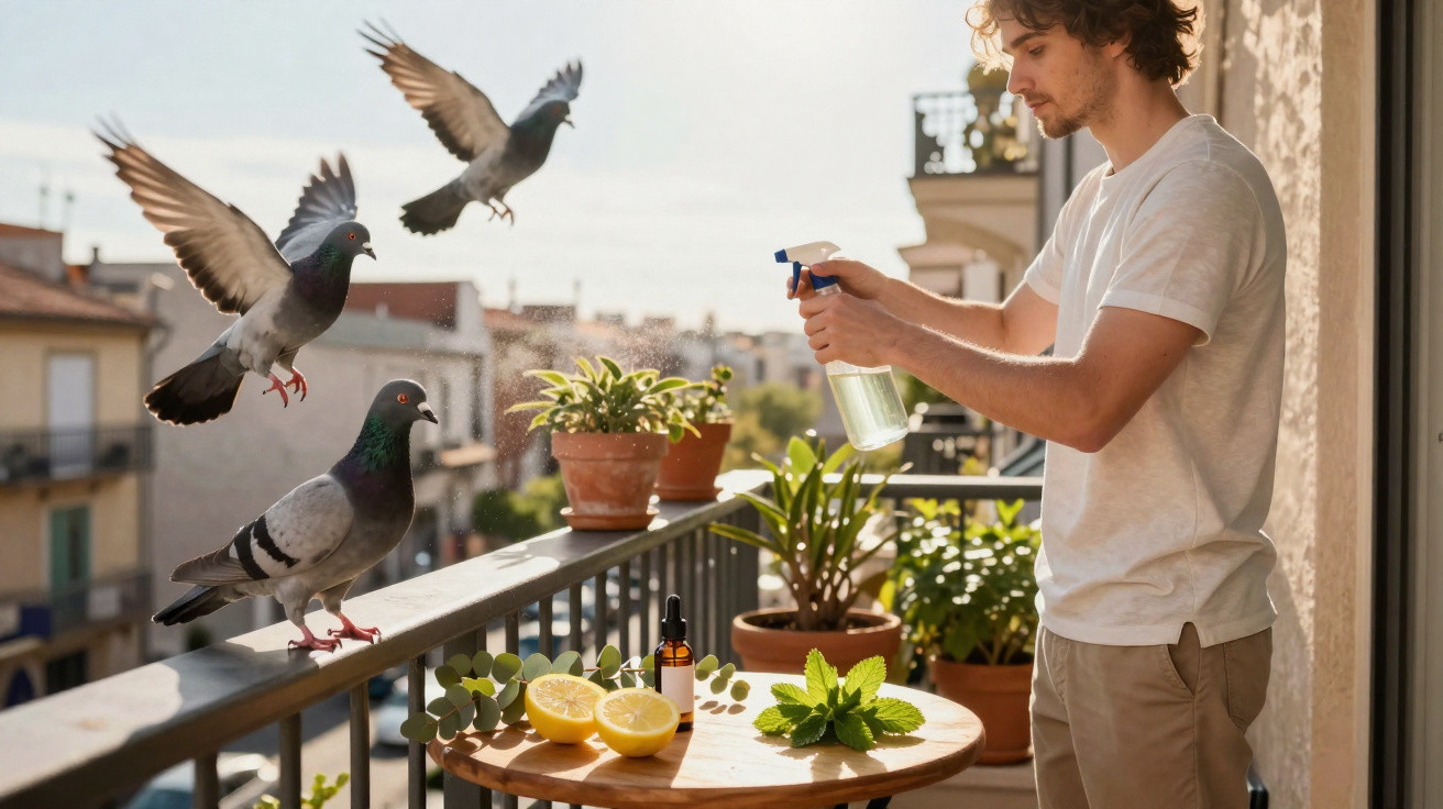 Homem borrifando planta num terraço enquanto pombos voam e pousam perto da varanda ao sol.