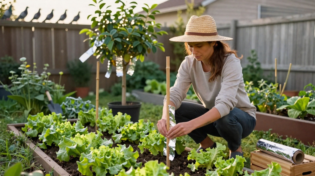 Mulher a cuidar de plantas numa horta elevada, vestida com chapéu de palha e roupa casual num jardim.