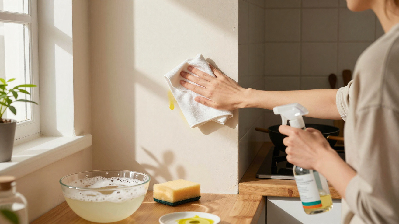 Pessoa a limpar parede da cozinha com pano branco e spray de limpeza ao lado de pia com esponja e prato.