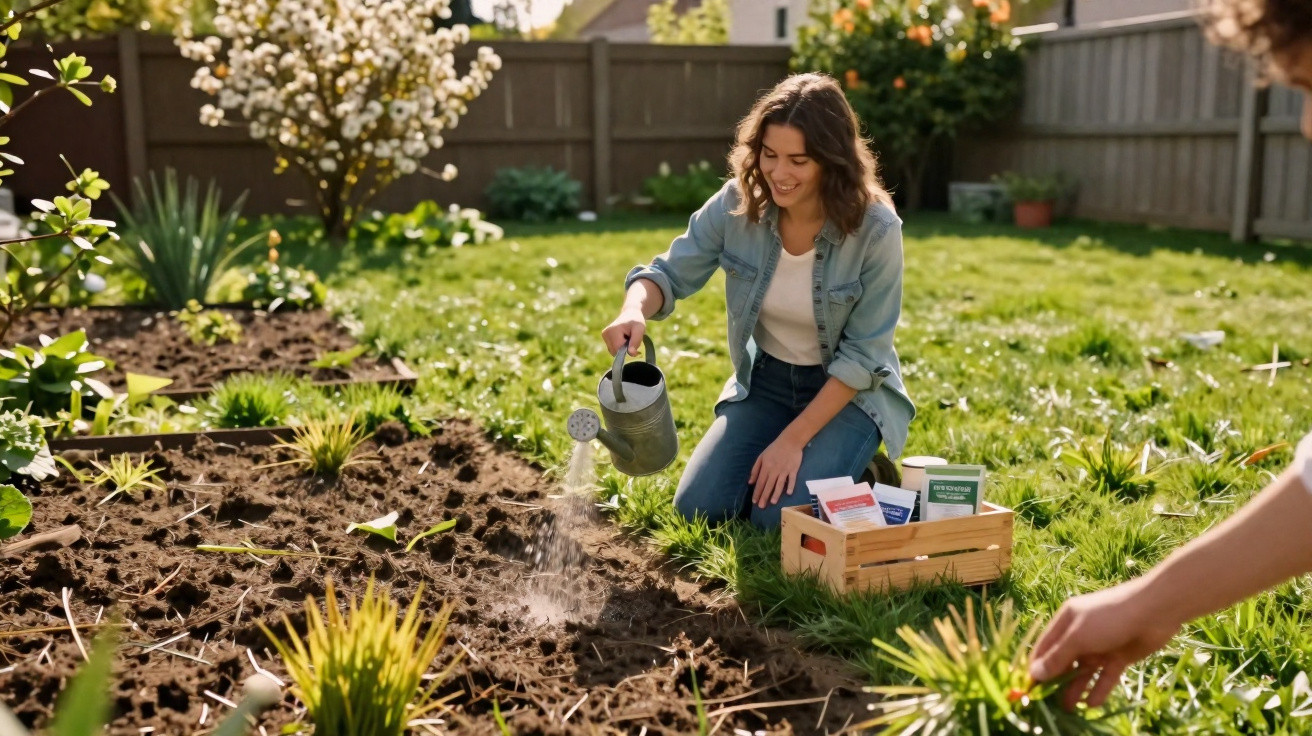 Jovem a regar plantas num jardim com outra pessoa a cuidar das plantas em dia soalheiro.