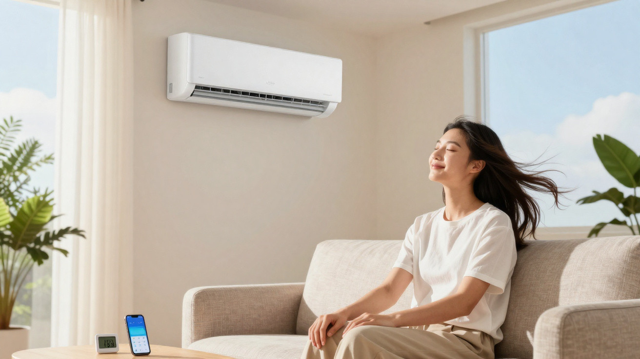 Mulher sentada no sofá a relaxar com ar condicionado ligado numa sala luminosa com plantas.