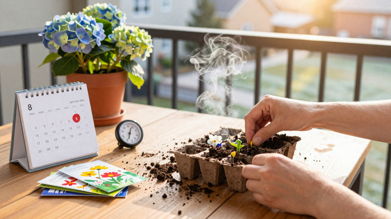Mãos a plantar sementes em tabuleiro com flores, junto a calendário, vaso com hortênsia e termómetro na varanda.