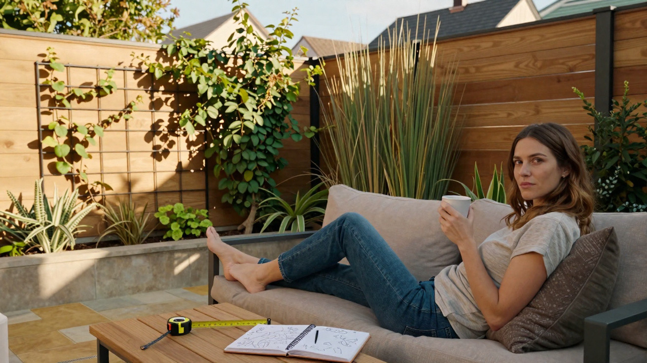 Mulher relaxa num sofá exterior com uma bebida na mão e um caderno de desenhos numa mesa ao lado.