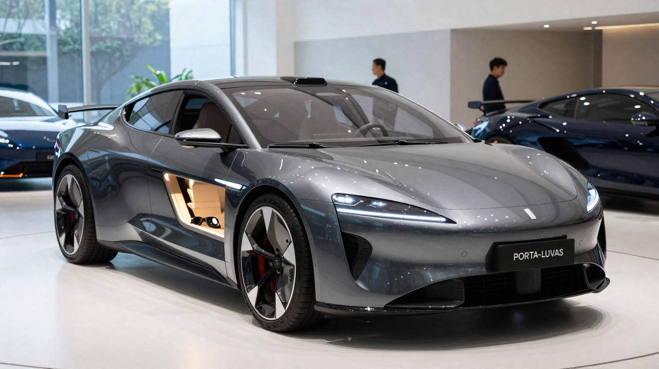 Carro desportivo cinzento metálico exibido num salão, com jantes grandes e linhas aerodinâmicas modernas.