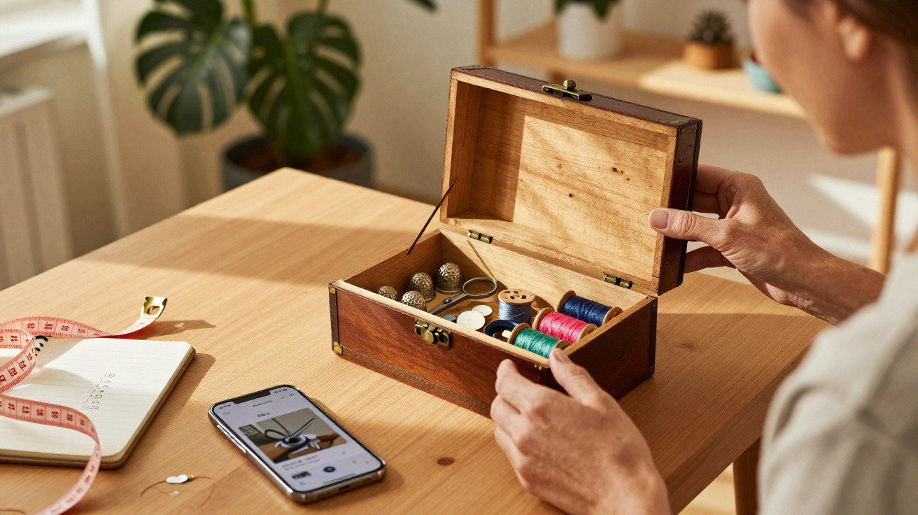 Pessoa segurando caixa de madeira com linha, dedal e acessórios para costura sobre mesa com smartphone e fita métrica.