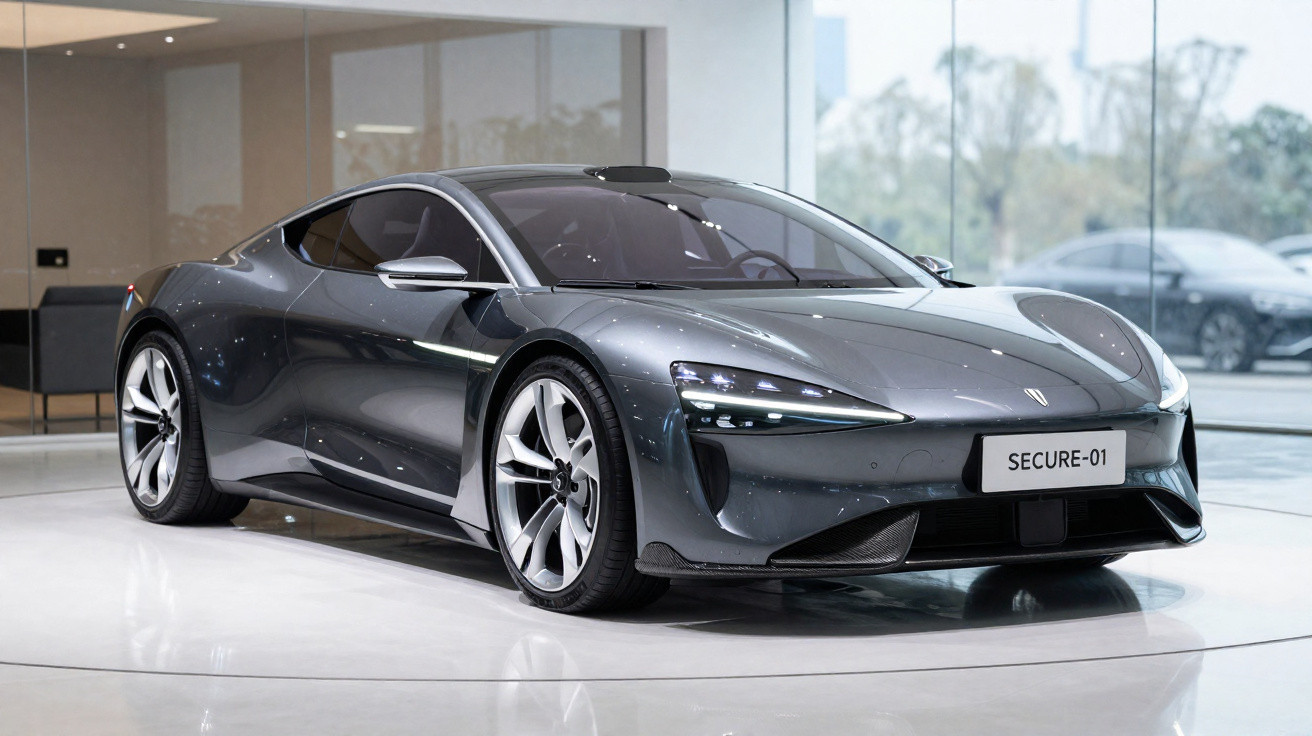 Carro desportivo elétrico cinza escuro com design aerodinâmico, apresentado num showroom moderno.