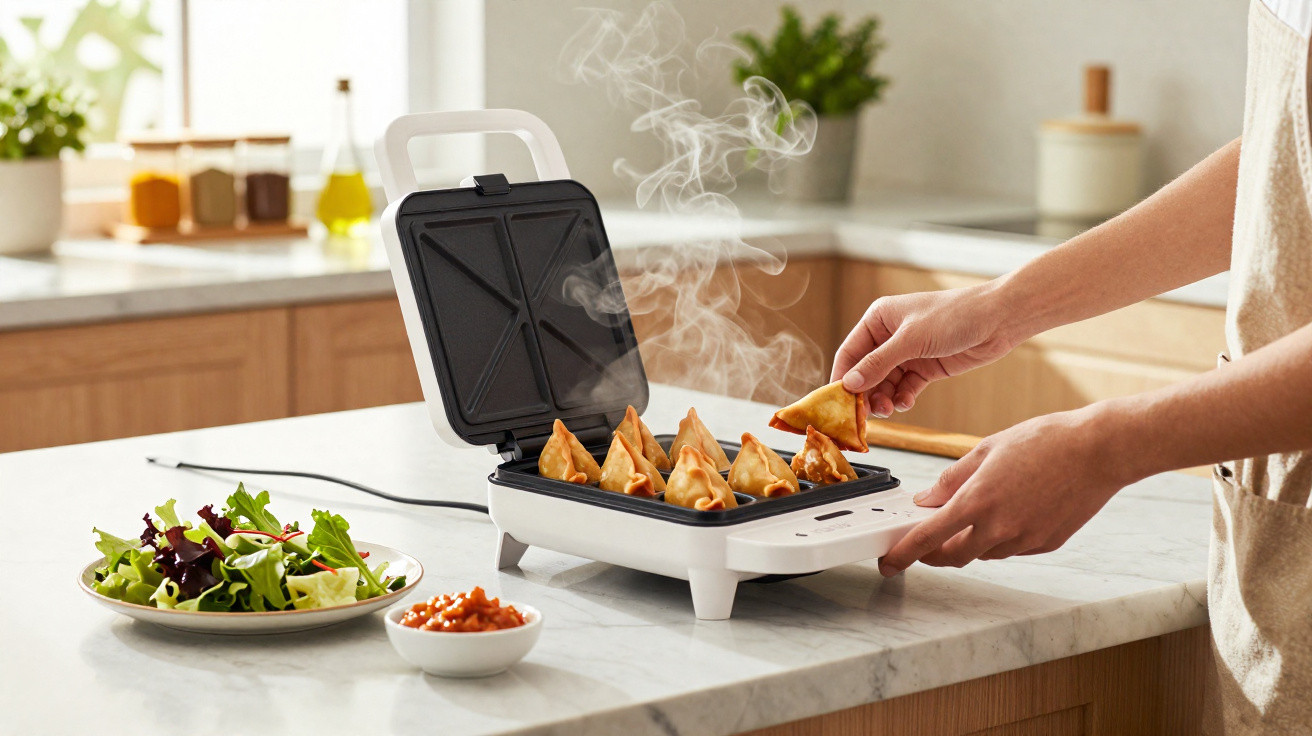 Máquina elétrica a cozinhar pastéis dourados com vapor, ao lado de salada e molho numa bancada de cozinha.