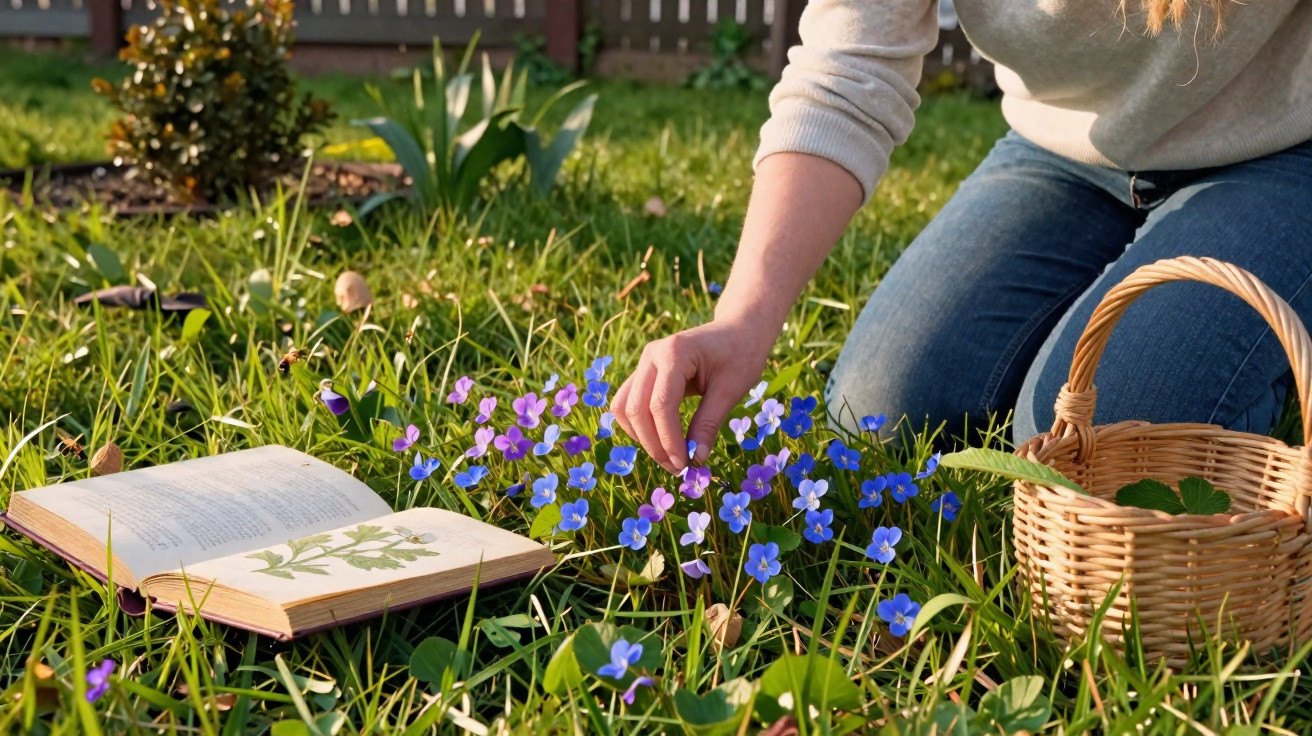 Pessoa colhendo flores roxas num jardim com livro aberto e cesto de verga ao lado.