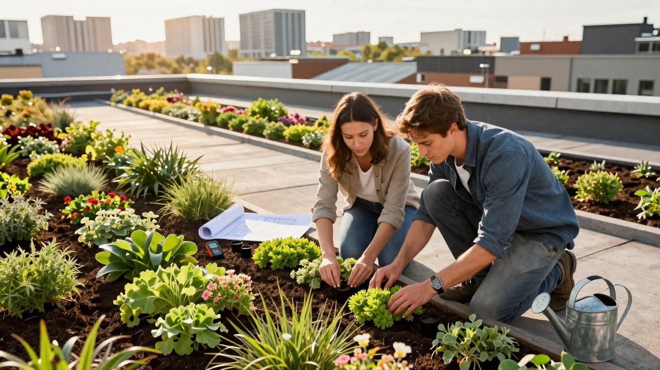 Dois jovens a jardinarem num telhado urbano com vários vasos e plantas floridas.