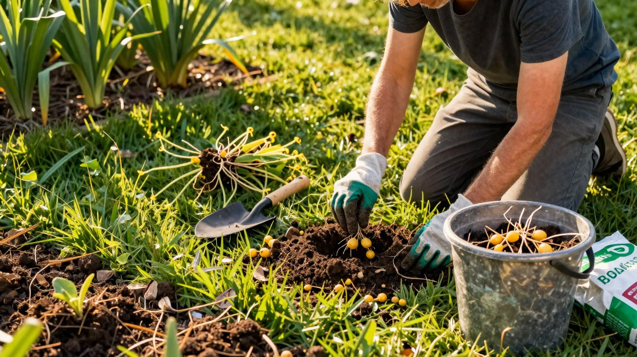 Pessoa a plantar bulbos amarelos na terra de um jardim ao ar livre com luvas e ferramentas de jardinagem.