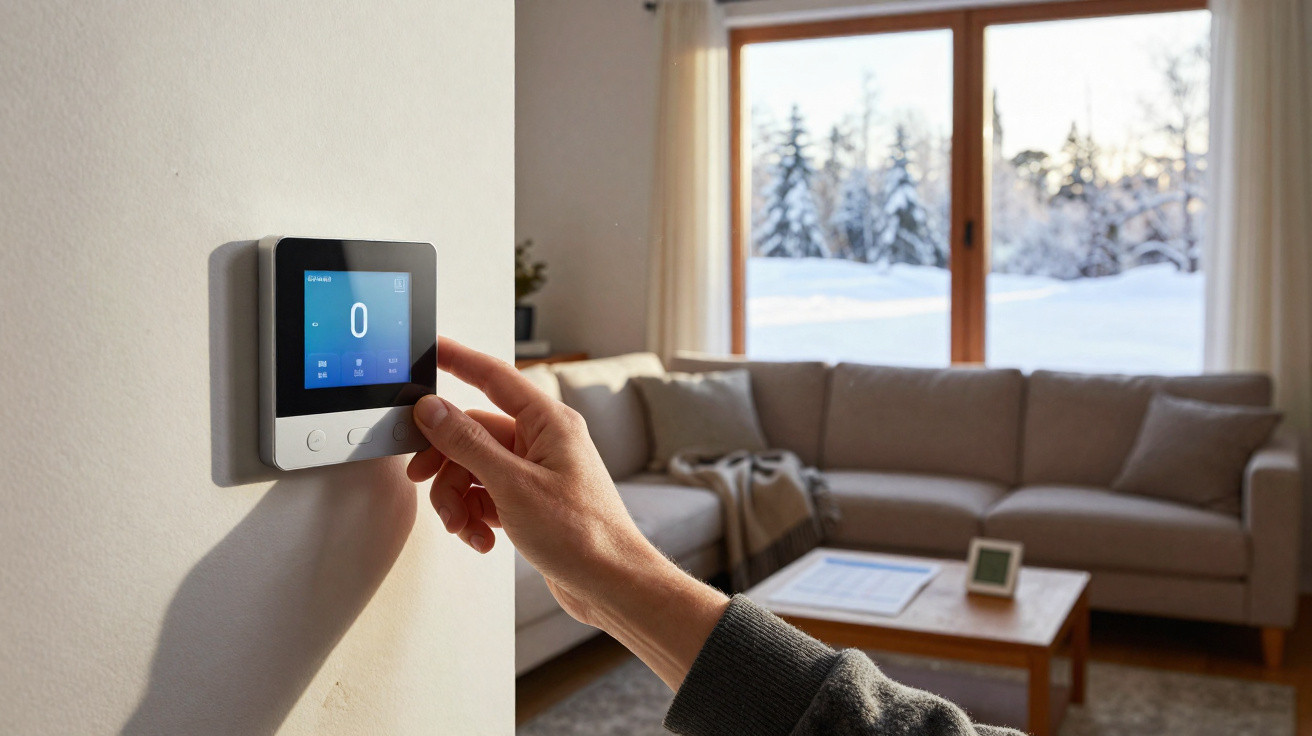 Mão ajusta termóstato digital numa sala com sofá, mesa de centro e janela que mostra paisagem com neve.