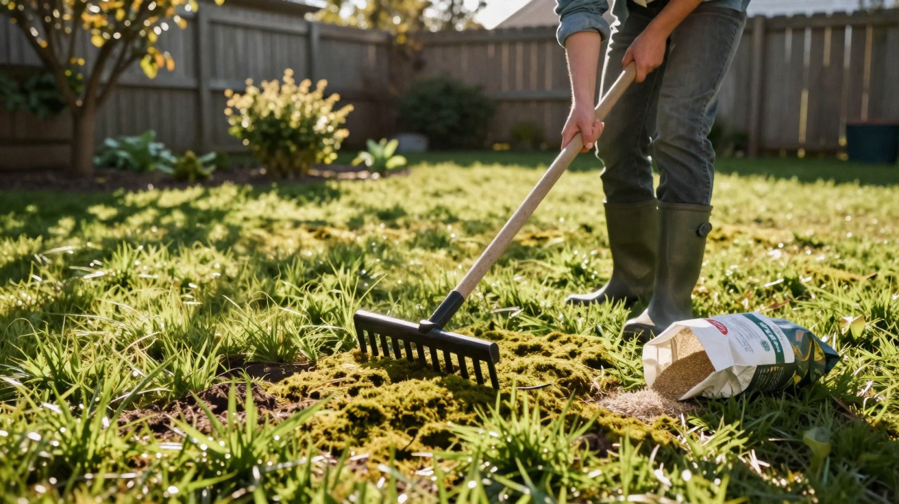 Pessoa a usar um ancinho para espalhar sementes num jardim com relva e vegetação ao fundo.