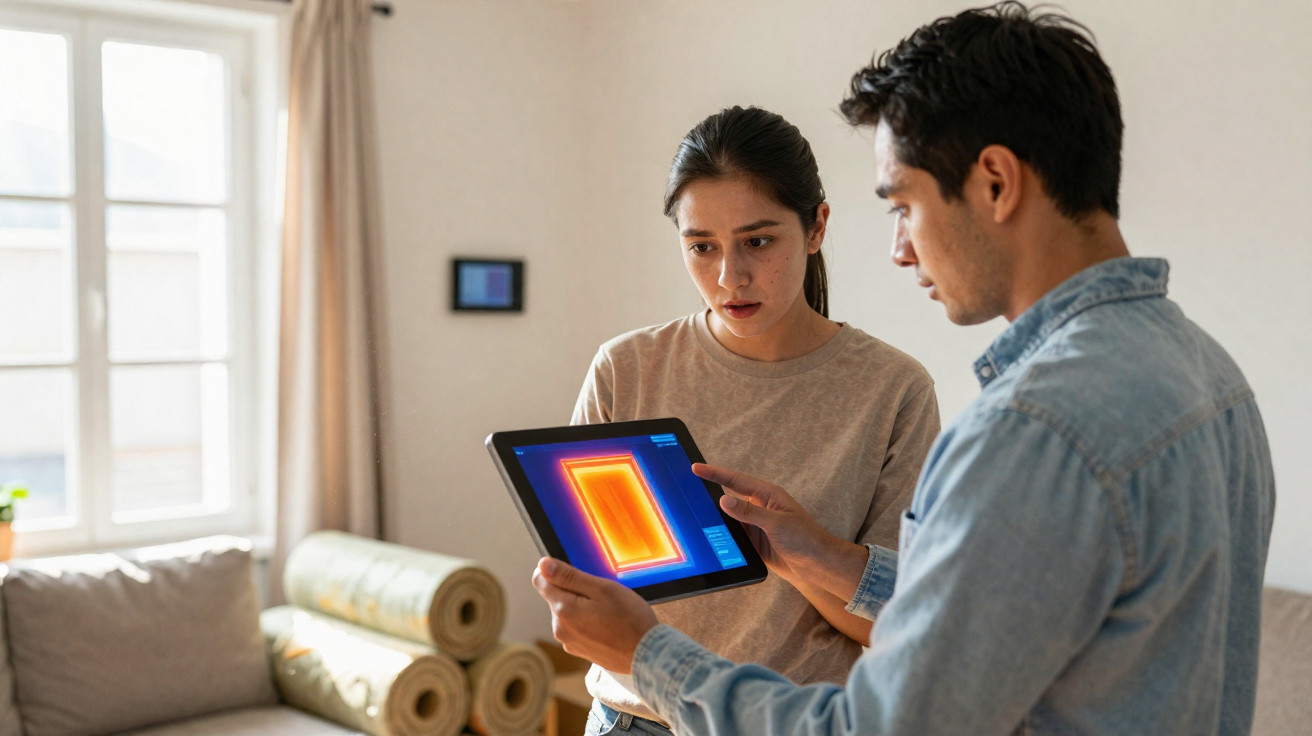 Casal dentro de casa a analisar imagem térmica numa tablet com enrolamentos de isolamento no sofá.