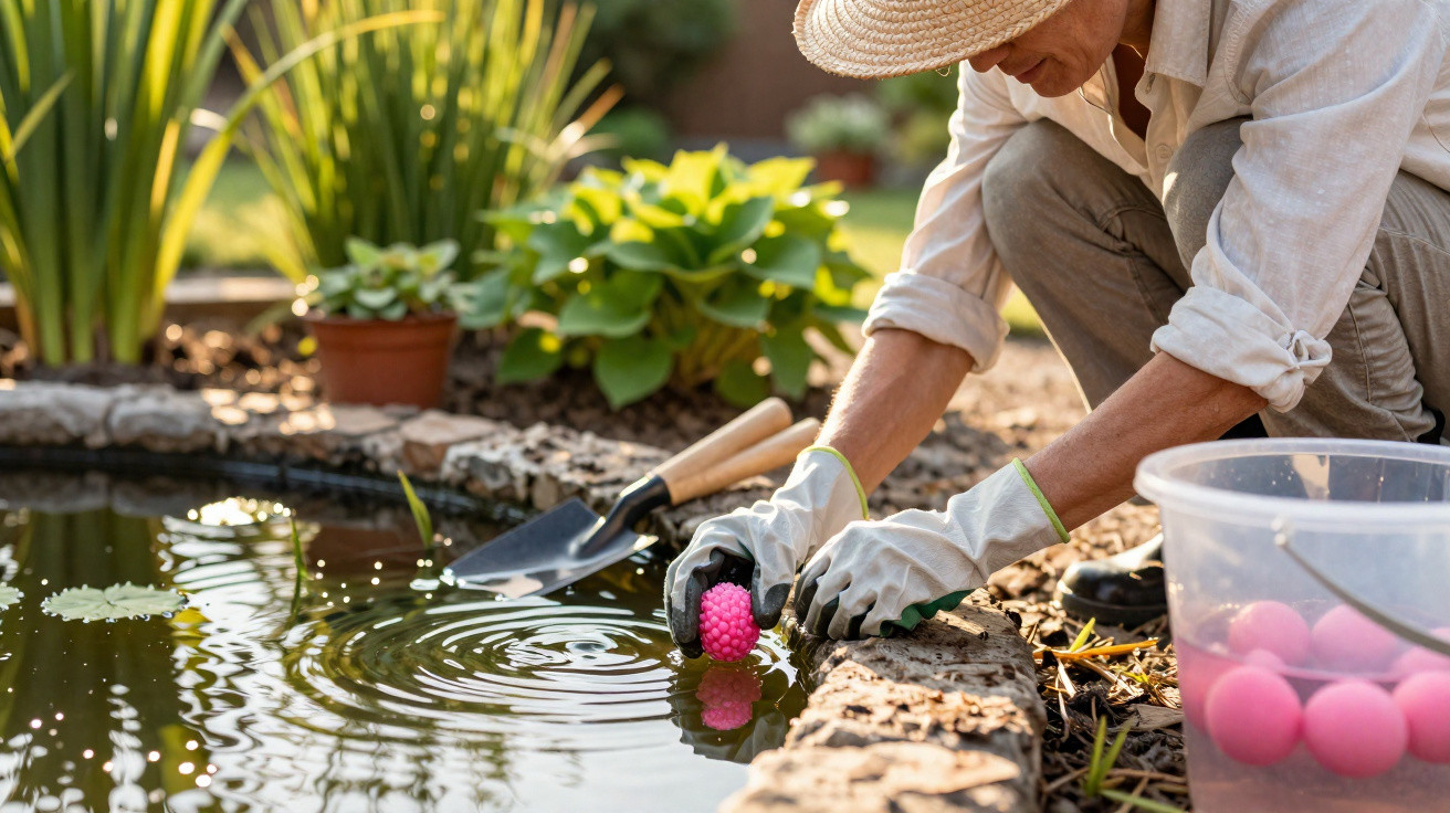 Pessoa a colocar bolas cor-de-rosa num lago de jardim, usando chapéu, luvas e ferramentas de jardinagem.