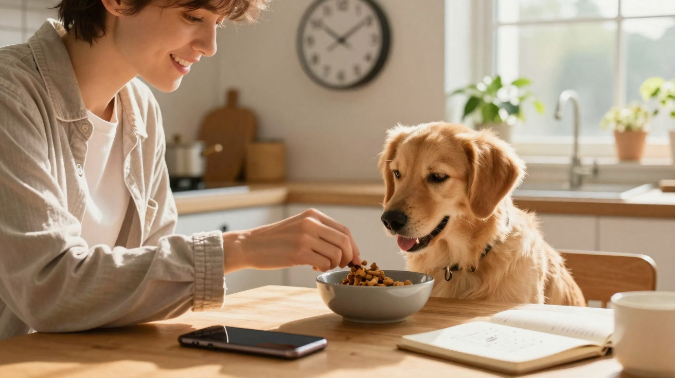 Mulher alimenta cão dourado com comida numa cozinha iluminada durante o dia.