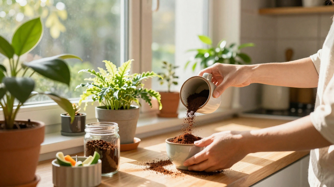 Pessoa a preparar café com pó de café num recipiente numa cozinha iluminada com plantas na janela.