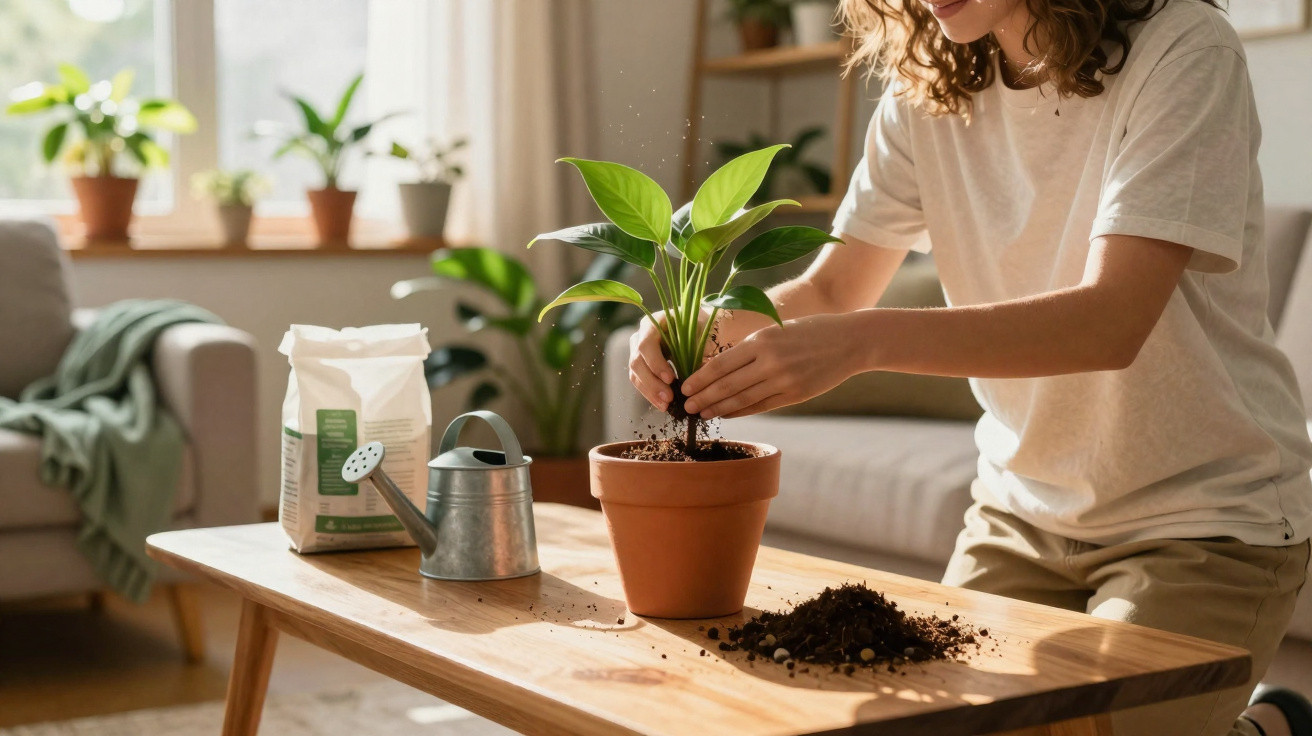 Pessoa a transplantar planta numa sala iluminada, com regador e saco de terra sobre mesa de madeira.