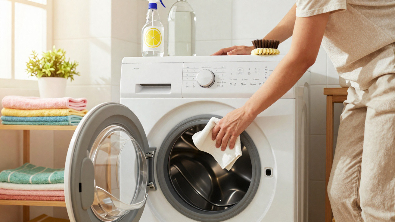 Pessoa a limpar o interior de uma máquina de lavar roupa branca com um pano branco.