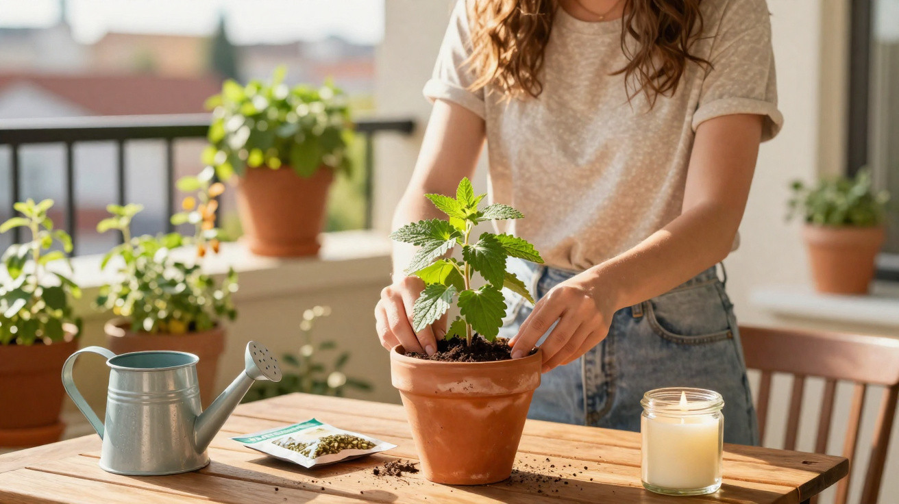 Pessoa a cuidar de planta em vaso de barro numa varanda ensolarada com regador e vela acesa na mesa.
