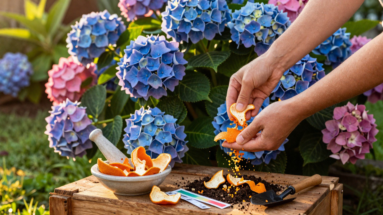 Mãos espalham cascas de frutas cítricas sobre terra num jardim com flores hortênsias azuis e cor de rosa.