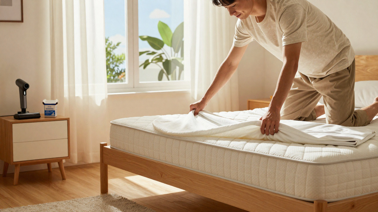 Homem a arrumar a cama num quarto luminoso com mobília simples e janela com cortinas brancas.