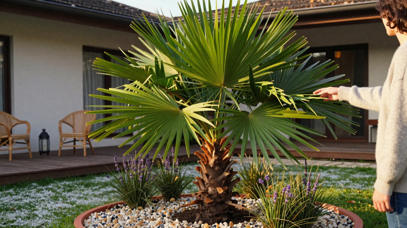 Pessoa a tocar numa pequena palmeira plantada num jardim com seixos junto a uma casa moderna.