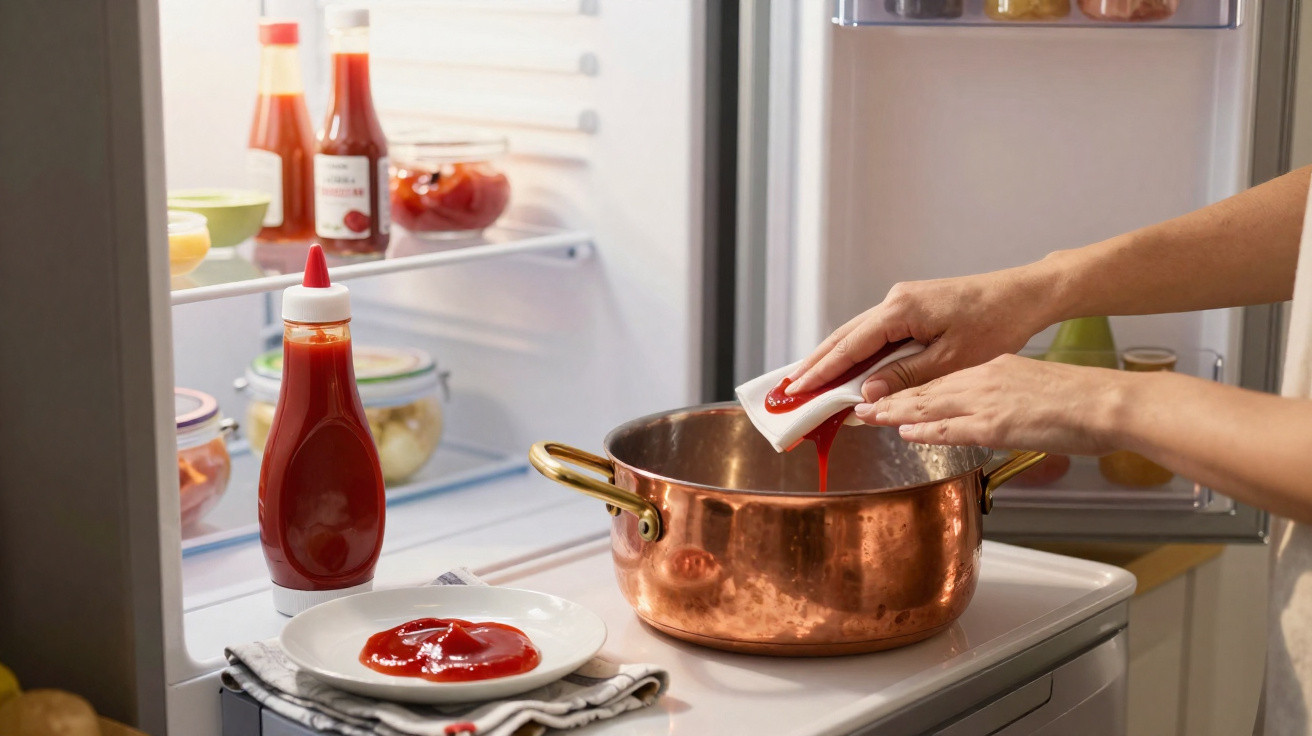 Mãos a deitar ketchup de um tubo para uma panela de cobre com frigorífico aberto ao fundo.